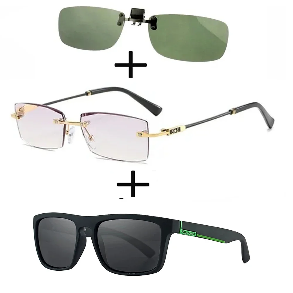 

3Pcs!!! Rimless Frameless Luxury Reading Glasses for Men Women + Polarized Sunglasses Squared + Sunglasses Clip