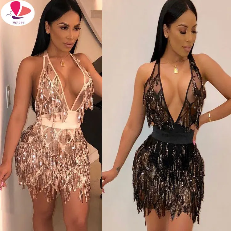 

Shiny Sexy Women Sequin Fringe Dress Summer Raves Festivals Outfit V-Neck Backless Lace-up Mini Party Dress with Bandage