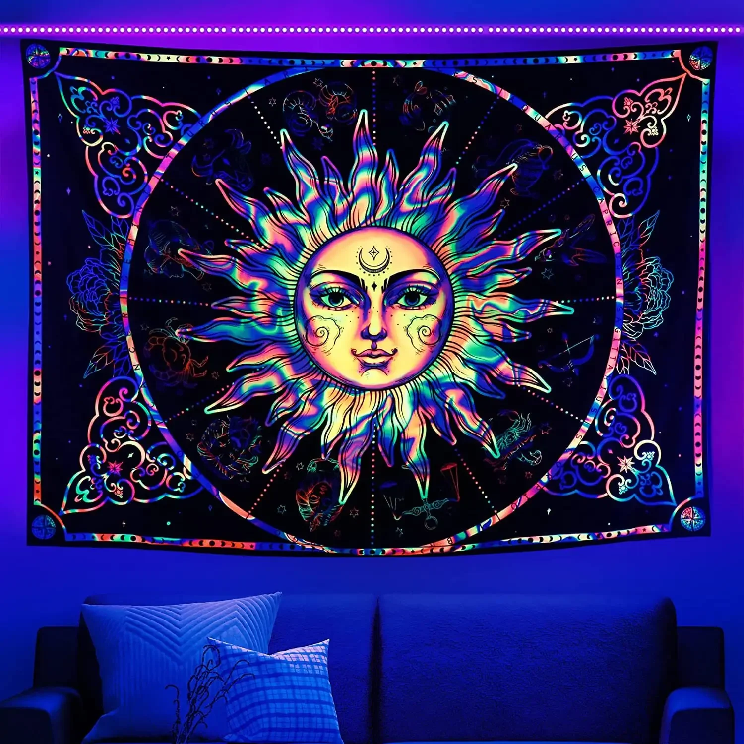 Psychedelic Black Light Indie Mandala Flourescent Tapestry Buddha UV Reactive Tapestries Wall Hanging Hippie Tapestry Room Decor