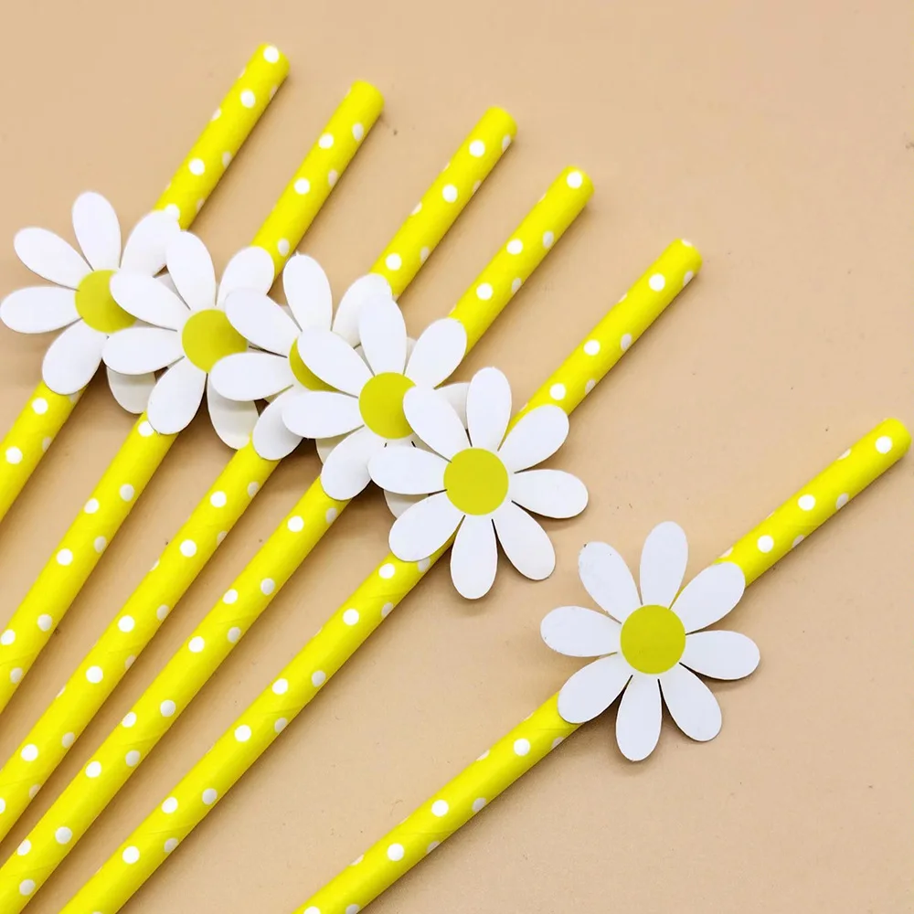 Daisy Flower Paper Straws Disposable Drinking Straw for Daisy Birthday Party Wedding Decoration Supplies Baby Shower