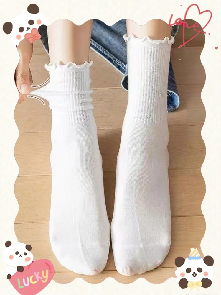 

Cotton Socks Women Fashion Summer Cute Kawaii Solid Luxury Korean Japanese Ruffles Ankle Girl Kids Spring White Middle Tube