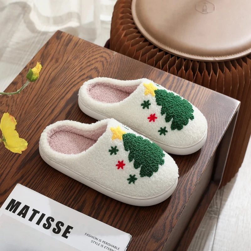 Winter Christmas Women Home Slippers Men Indoor Soft Non-slip Sandals Couples Warm Plush Flat Slides Adults Unisex Lovely Shoes 4