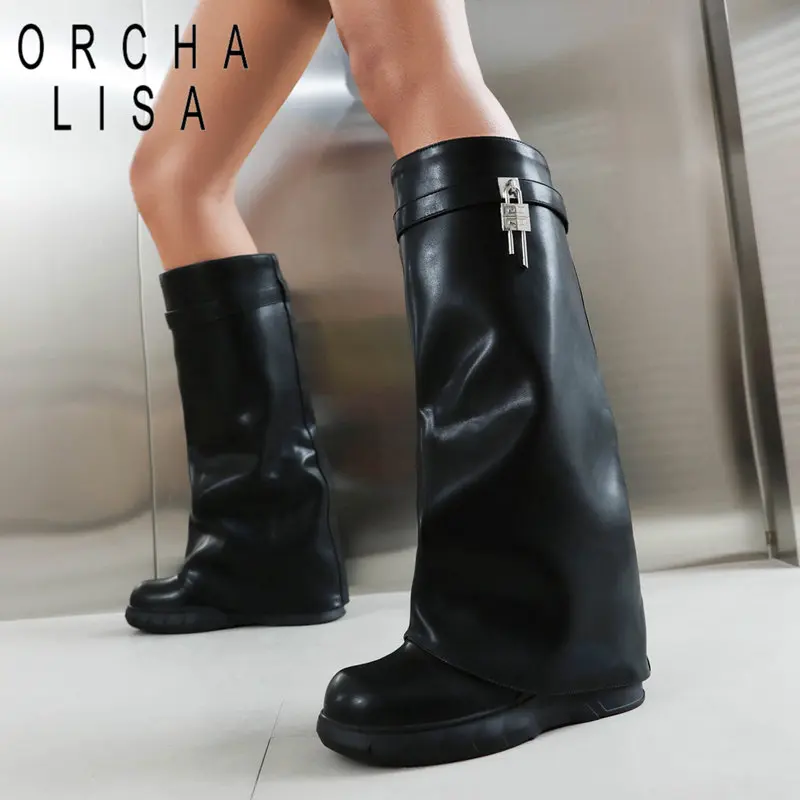 

ORCHA LISA Design Wome Knee High Boots Round Toe Wedges Heel 9.5cm Slip On Metal Decoration Large Size 46 47 48 Fashion Booties