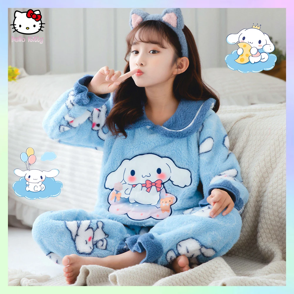 

Cinnamoroll 2Pcs Anime Sanrioed Plush Pajamas Pullover Set Cartoon Kawaii Fashion Student Kids Pajamas Cute Girl Home Homewear