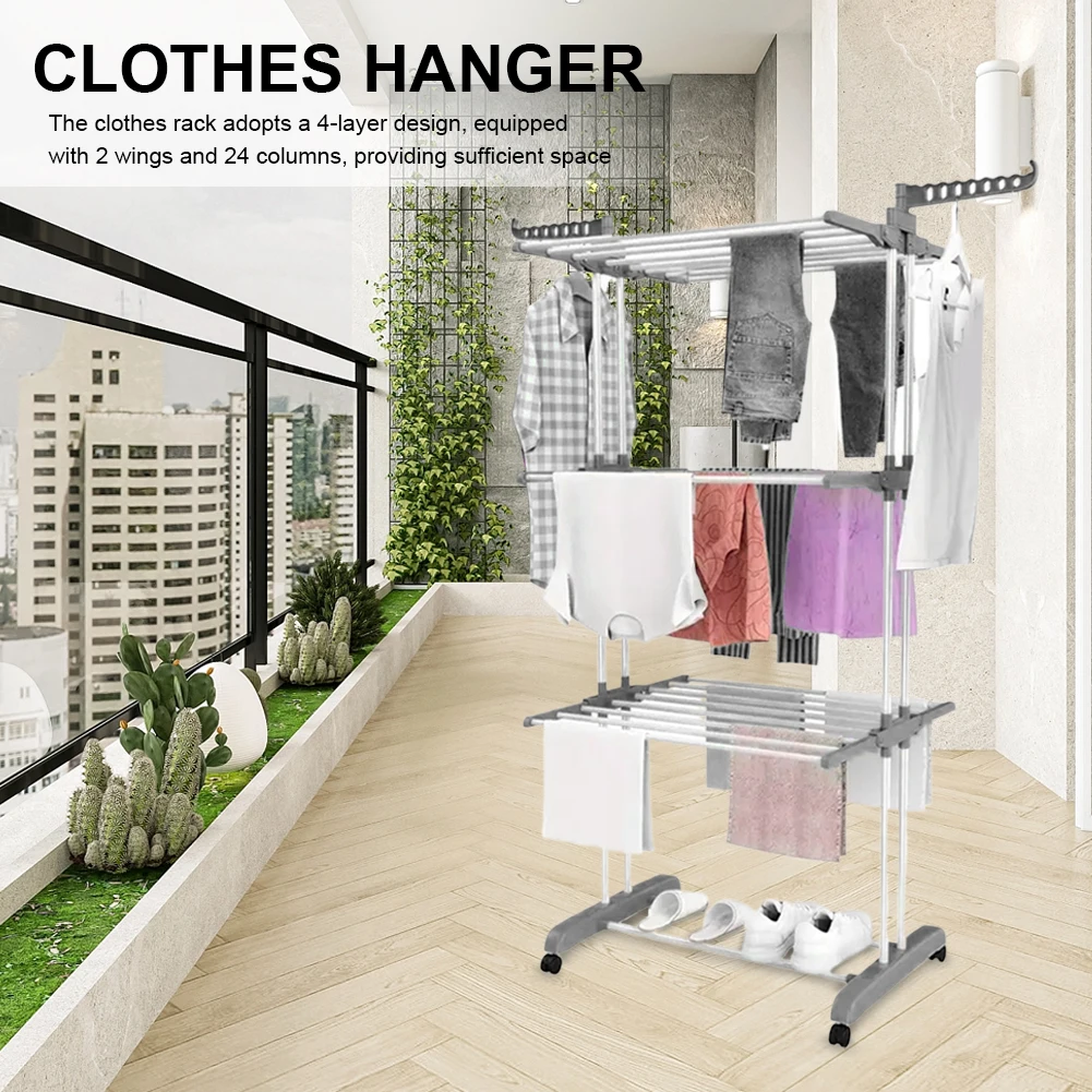 4-Tier Foldable Drying Rack Clothes Drying Rack with 4 Castors Free Standing Movable Laundry Rack for Towels Clothes Shoes Linen