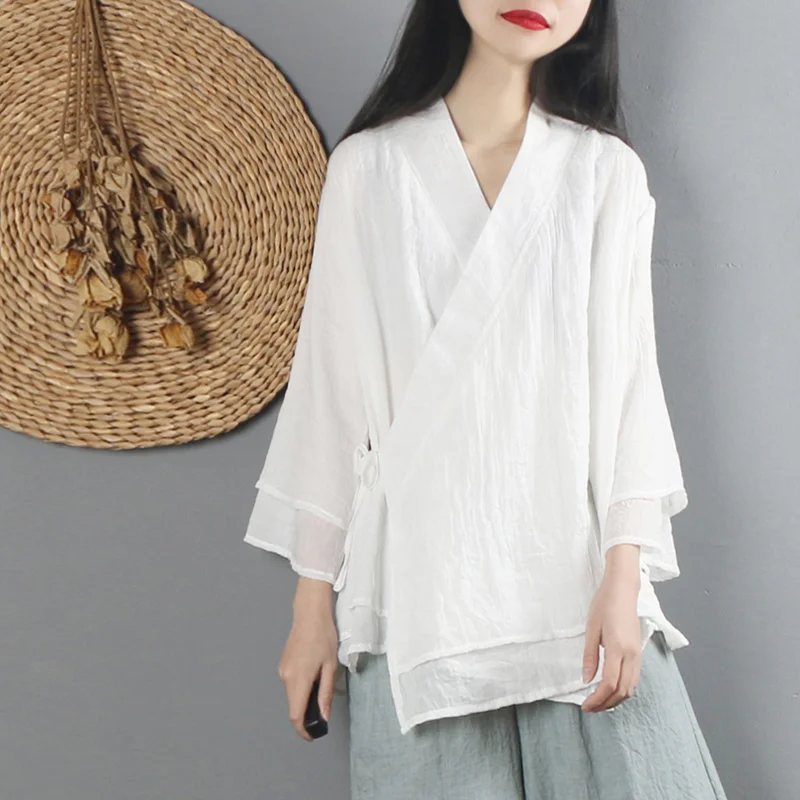 Chinese Style Ethnic Harajuku Zen Tops Clothes Women Cotton Linen Solid Vintage Tang Suit V Neck Loose Spring Blouse Thin Hanfu women chinese shirt