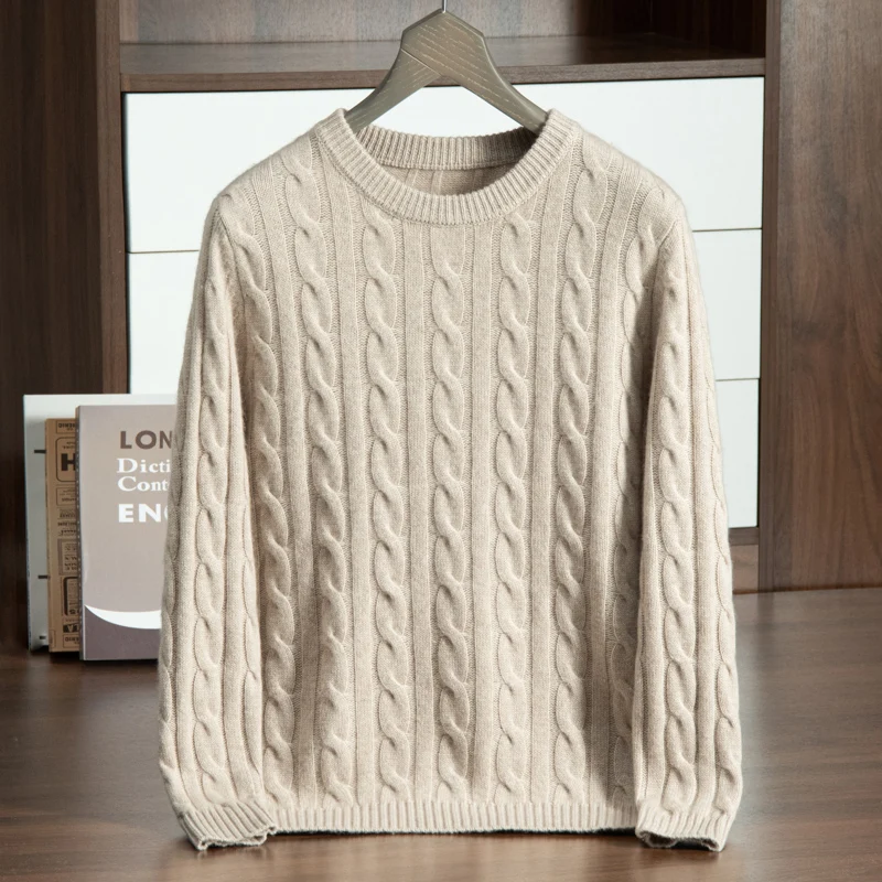 Class A 100% Pure Cashmere Sweater Men's Round Neck Pullover Casual Twisted Flower Knit Bottom Sweater Thick In Autumn Winter 6