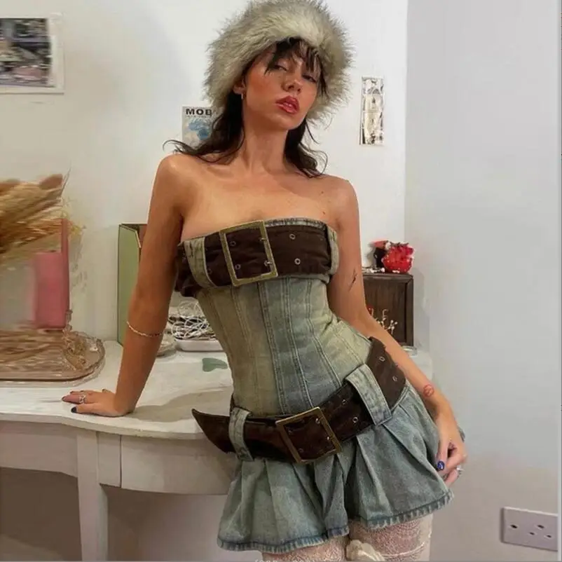 

2023 Vintage Y2k One-Piece Corset Denim Dress with Belt Pleated Mini Dresses Short Jean Gown Hottie Summer Women Bodycon p1014