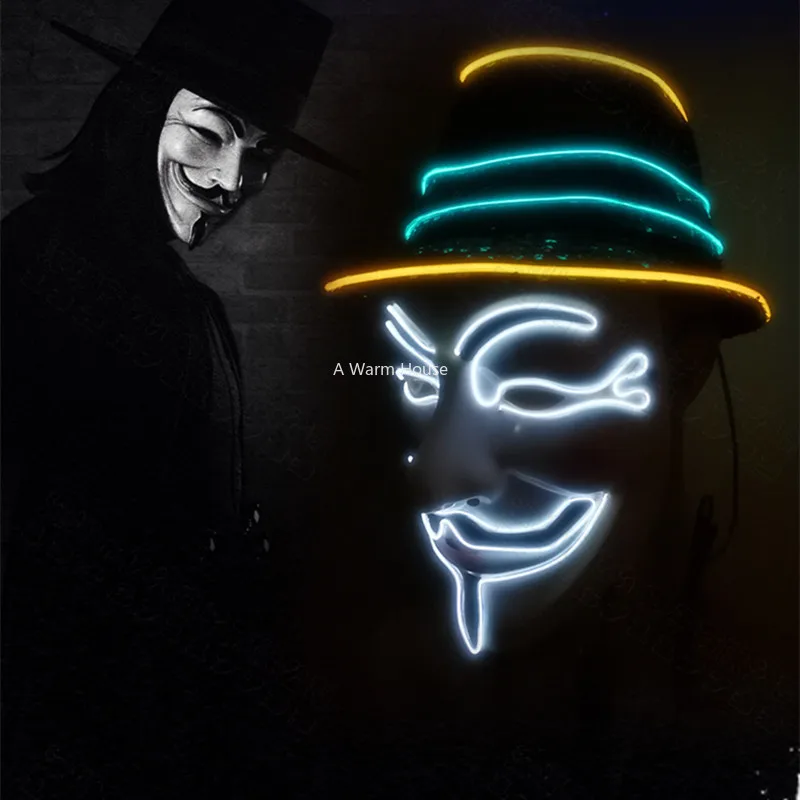 Maschera Al Neon V Per Vendetta Mascara Led Guy Fawkes Maschere Mascherate Maschere Per Feste Mascara Halloween Incandescente Masker Light Maska Spave