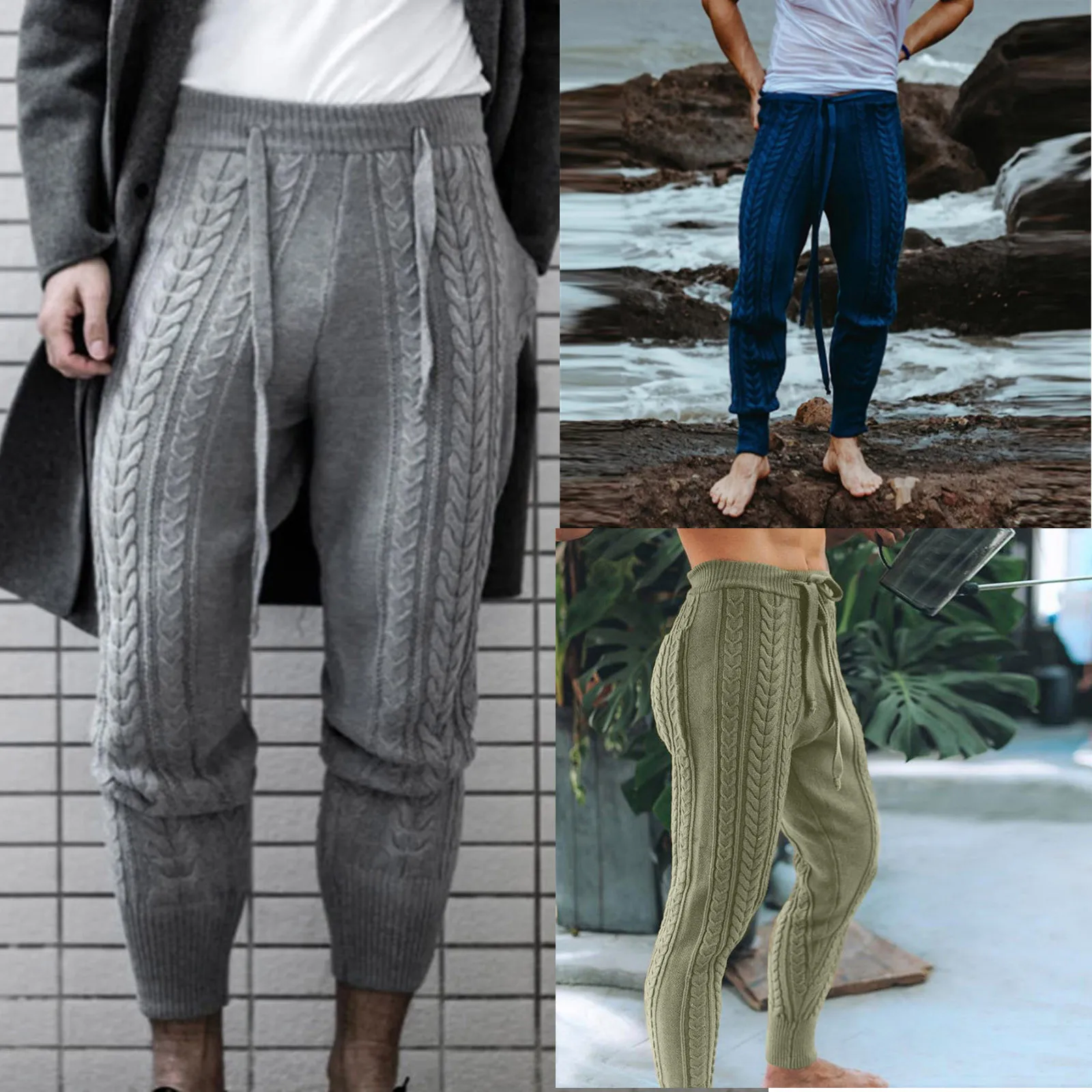 Men Pants Knitted Slim Ankle-Length Drawstring Solid Color