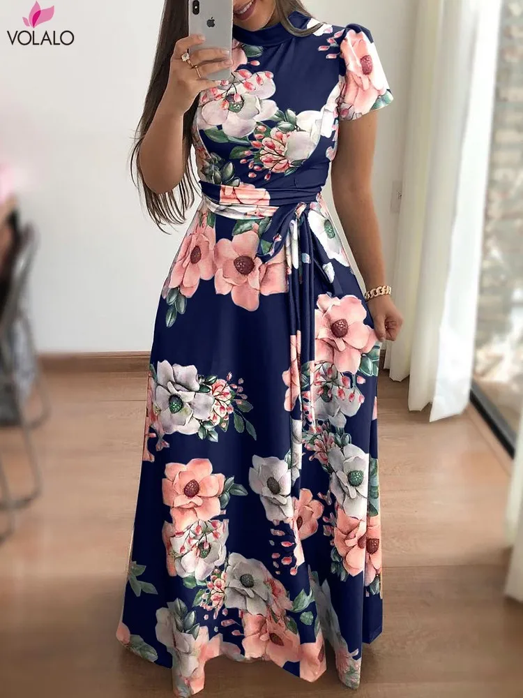 

Women Autumn Dress 2024 Casual Long Sleeve Long Dress Boho Floral Print Maxi Dress Turtleneck Bandage Elegant Dresses Vestidos