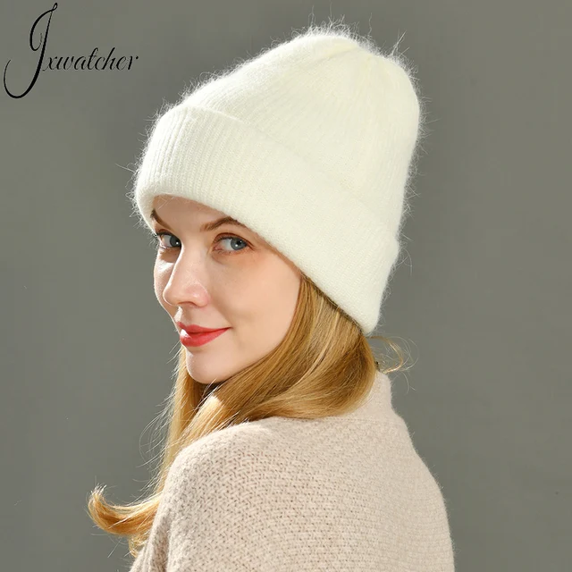 Jaxmonoy Knitted Beanie Hat for Women Long Rabbit Cashmere Double Layer Wool Winter Hats Thicken Warm Cuffed Skullies Girls Cap 2