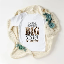 

Promoted To Big Sister 2022 Leopard Letter Print Summer Fashion Children Tshirt Short Sleeve White T Shirt Kids Clothes