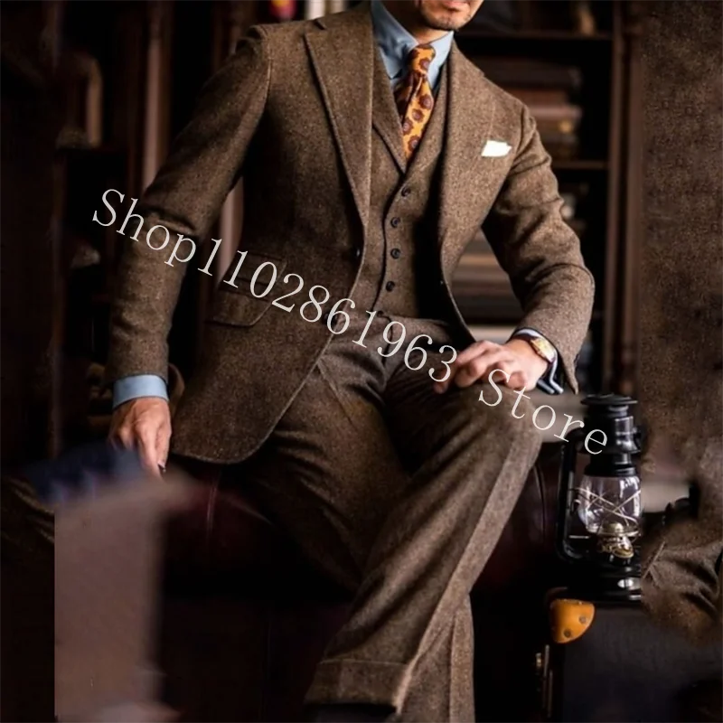 Grey Tweed Suits for Men Slim Fit Suits Formal Herringbone Groom Vintage Wedding Tuxedos Coat+Vest+Pants Trajes De Hombre