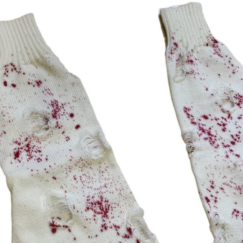 하라주쿠 니트 레그 워머 Y2K 고딕 여성 일본 가을 겨울 양말, 찢어진 혈액 프린트 송아지 양말 부츠 커버 롱 양말