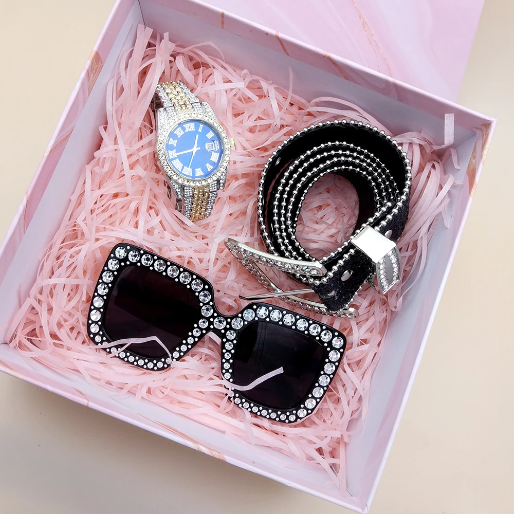 3Pcs Women Diamond Watches Set Ladies Luxury Bracelet Watches Female Clock with Punk Rhinestones Belt and Sunglasses Gift Box