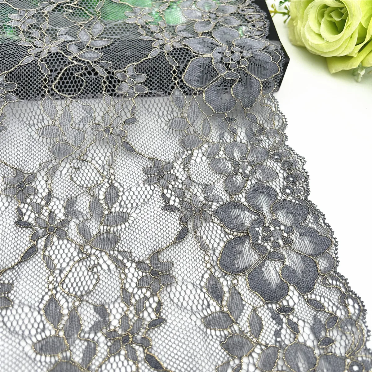 3y/lot Width 24cm Dark Grey Blue With Gold Elastic Stretch Lace Trim Lingerie Sewing Craft DIY Apparel Fabric Lace Garment Acce 4
