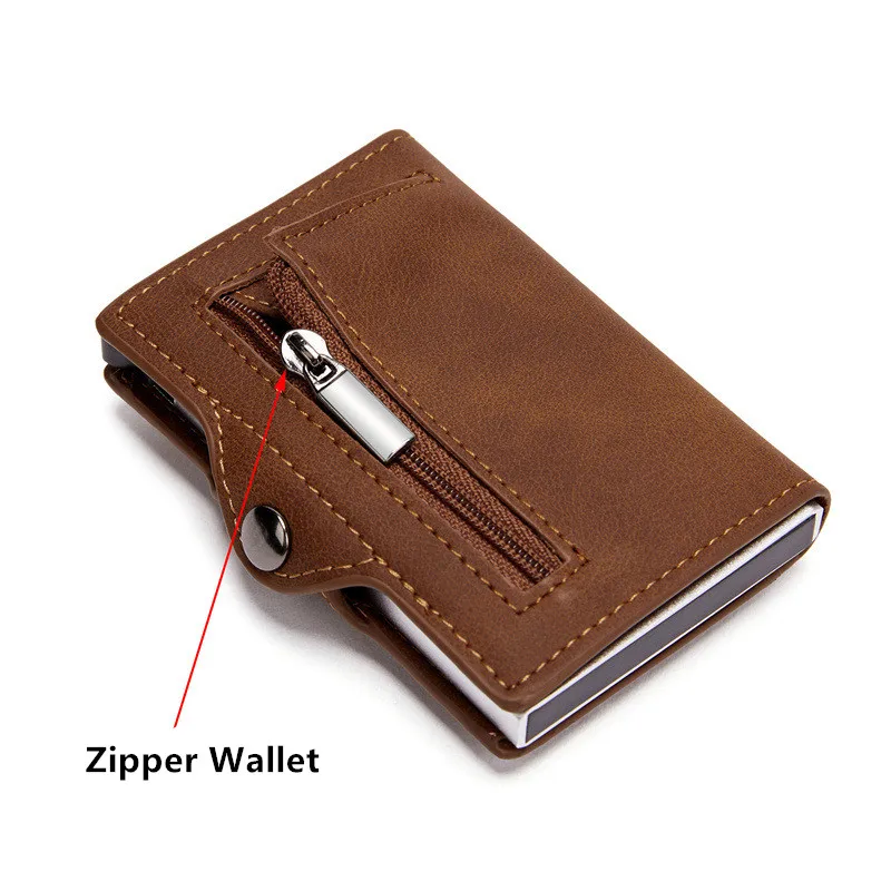 Wallet Card Holder Airtag Men's Wallet Metal Aluminum Box Case Rfid Anti-theft Swipe Credit Card Holder Genuine Leather Short Zipper Coin Purse