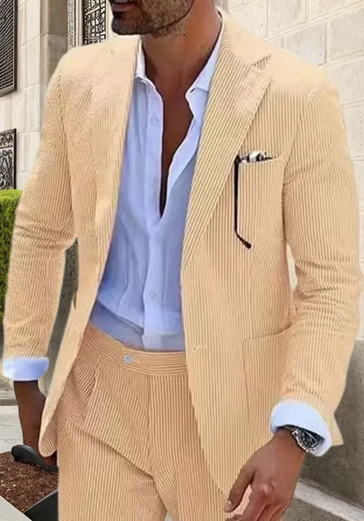 Stylish Seersucker Men's Suit Set 2 Piece Jacket and Pant Notched Lapel Summer Beach Tuxedo Evening Party Wedding Elegant Suit
