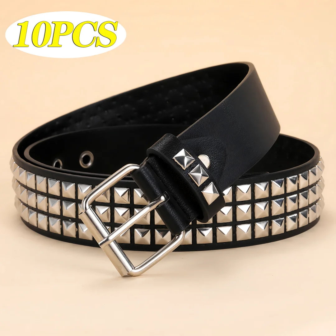韓国商品/POLYSOOEM MULTI STUDDED BELT Rainbow Holographic Three Row Black Pyramid Stud Rave