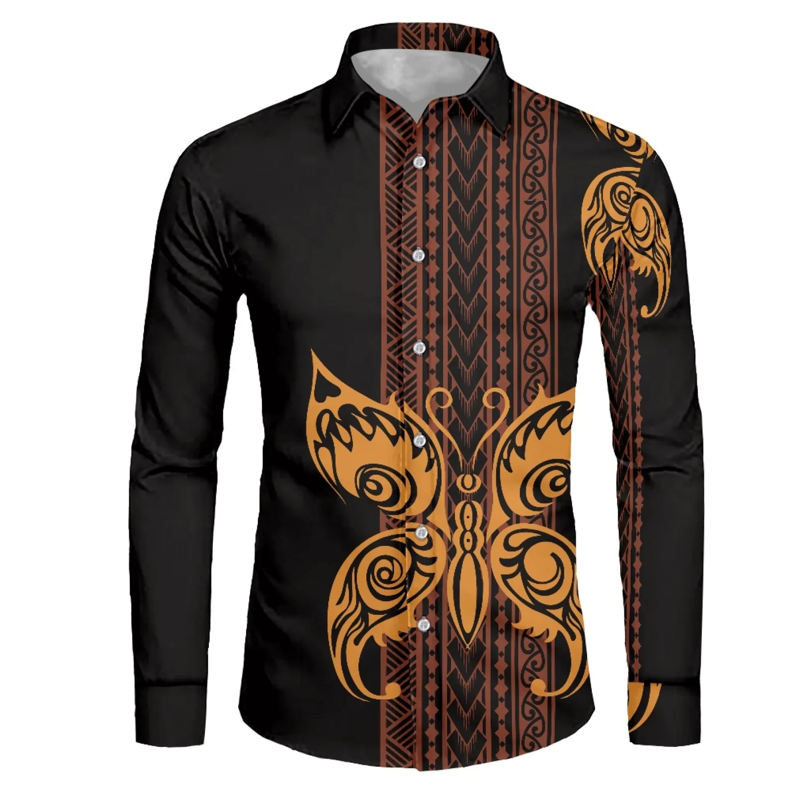 

Polynesian Tribal Fijian Totem Tattoo Fiji Prints Slim Fit Mens Casual Long Sleeved Shirt Classic Male Social Dress Shirts 6XL