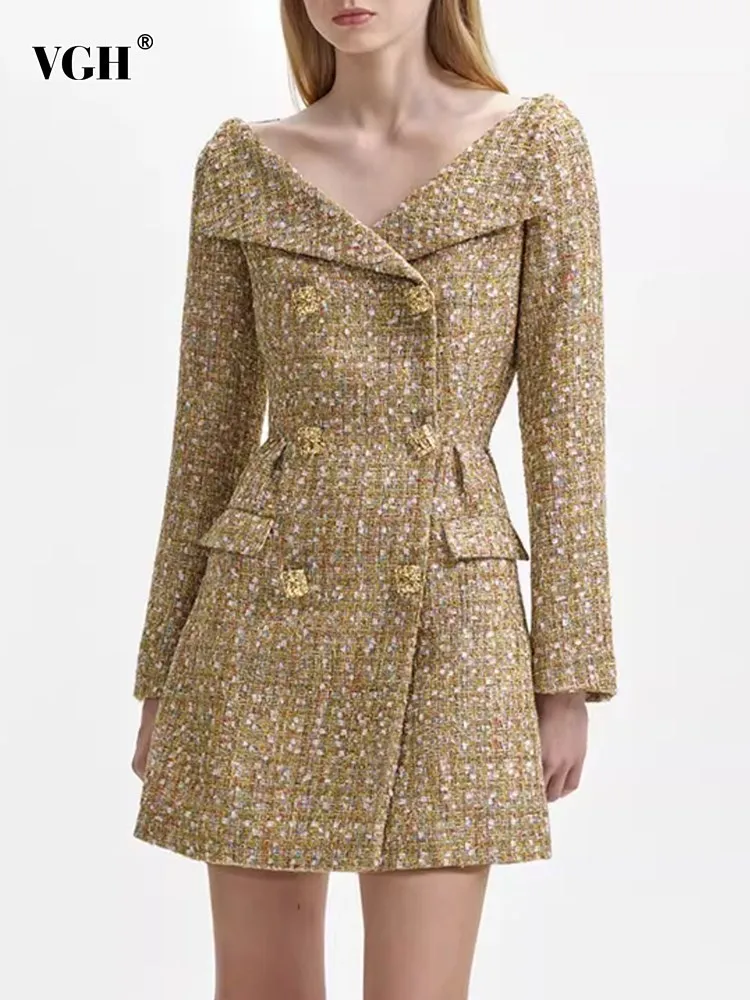 

VGH solid patchwork double breasted tweed dress for women v neck long sleeve high waist temperament dresses female fashion style