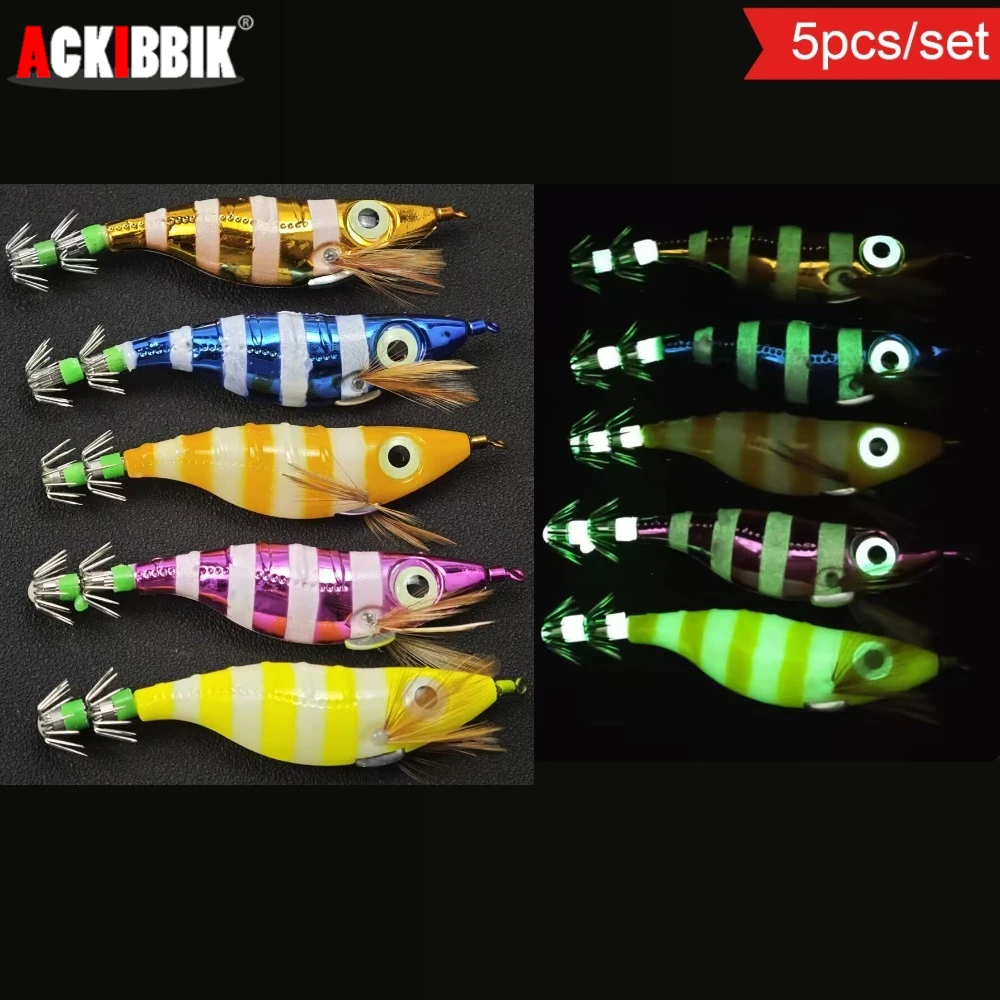 5 Stück/Set Horizontale Tintenfischköder 10cm Leuchtende Holz-Garnelen-EGI-Köder, im Dunkeln leuchtend, Salzwasser-Oktopus-Tintenfisch-Angelköder