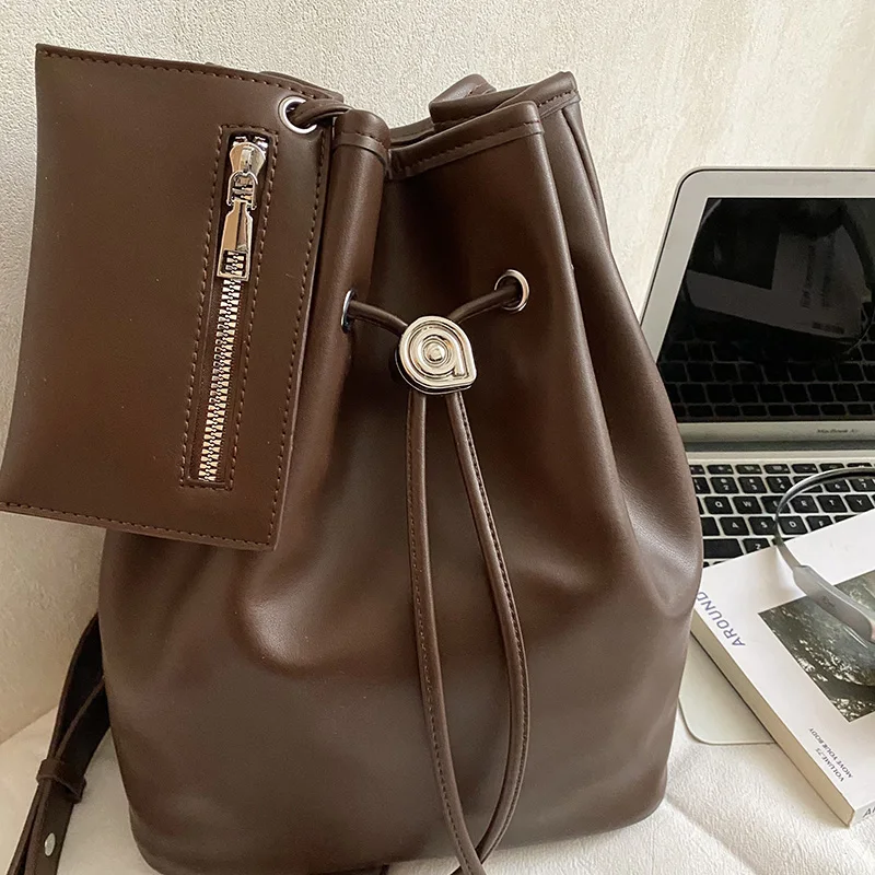 2 Teile/satz Eimer Design Umhängetasche 2026 Neue Solide Pu Leder Schulter Geldbörsen und Handtaschen Casual Anti-diebstahl Brust Tasche schwarz – Detail 13