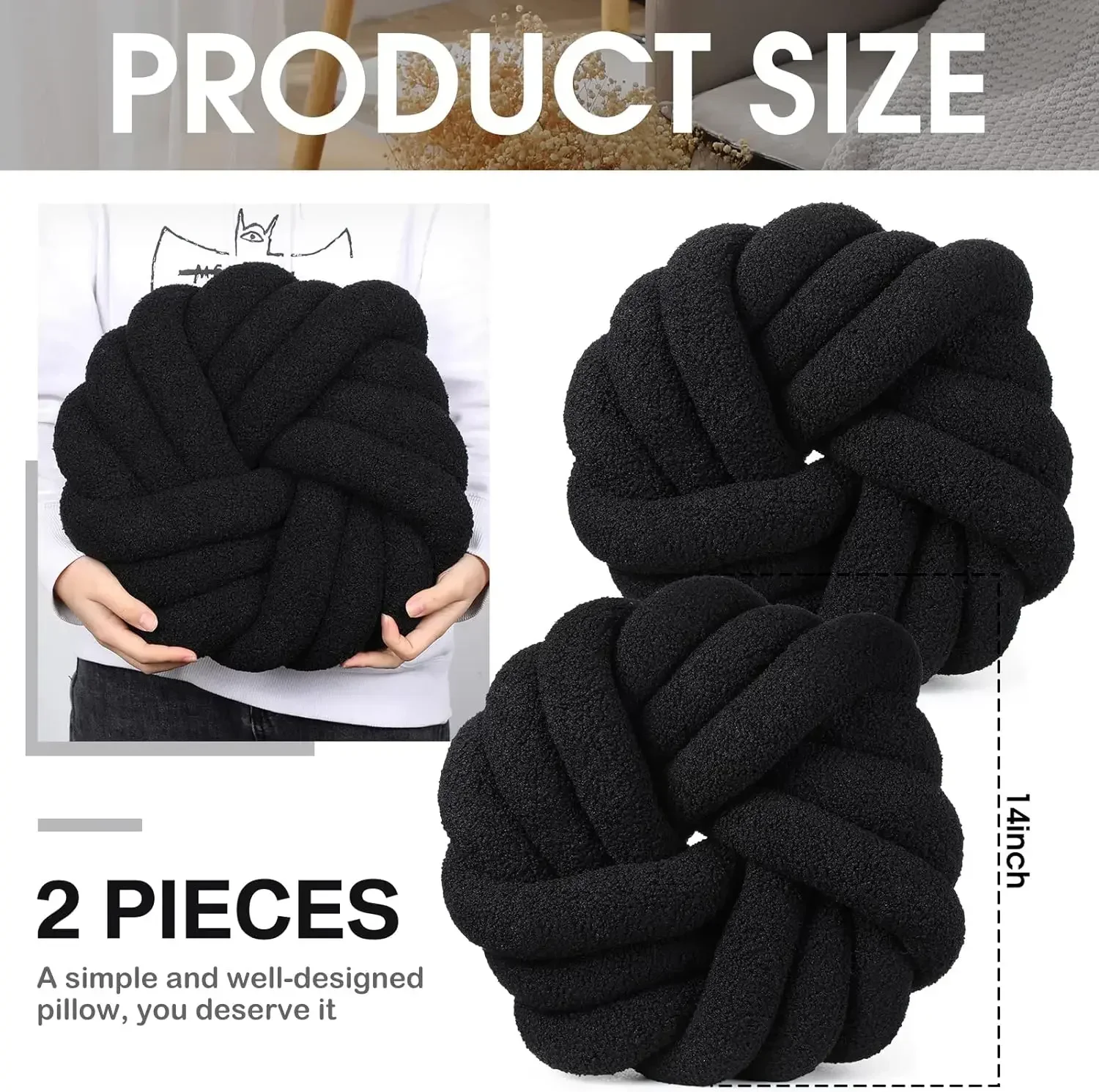Decorative Pillow for Couch Bedroom Plush Throw Knot Pillow Soft Handmade Chair Cushion for Living Room Car Decorations (Black) 4