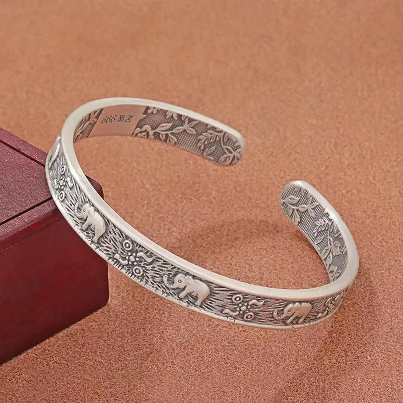 Silver Plated Thailand Chiang Mai Elephant Animal Embossed Opening Adjustable Bracelet Retro Lucky Wealth Amulet Jewelry