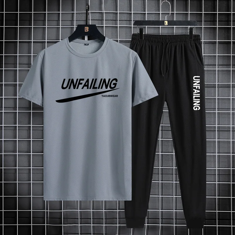 Summer Korean version slim summer short sleeved long pants set short sleeved casual sports round neck pullover comfort sports suit