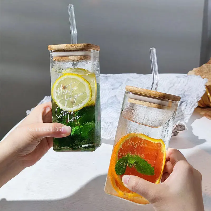 Letter Square Glass With Lids And Straws 350ml Coffee Mug Layer Drinking Glass  Cups For Soda Iced Coffee Milk Bubble Tea Water - Glass - AliExpress