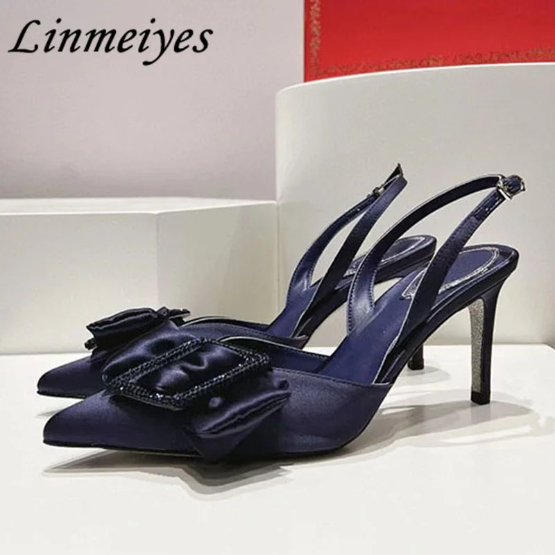 

2024 New High Heels Women Pumps Pointed Toe Satin Butterfly-knot Wedding Party Shoes Summer Crystal Square Buckle Sandals Woman