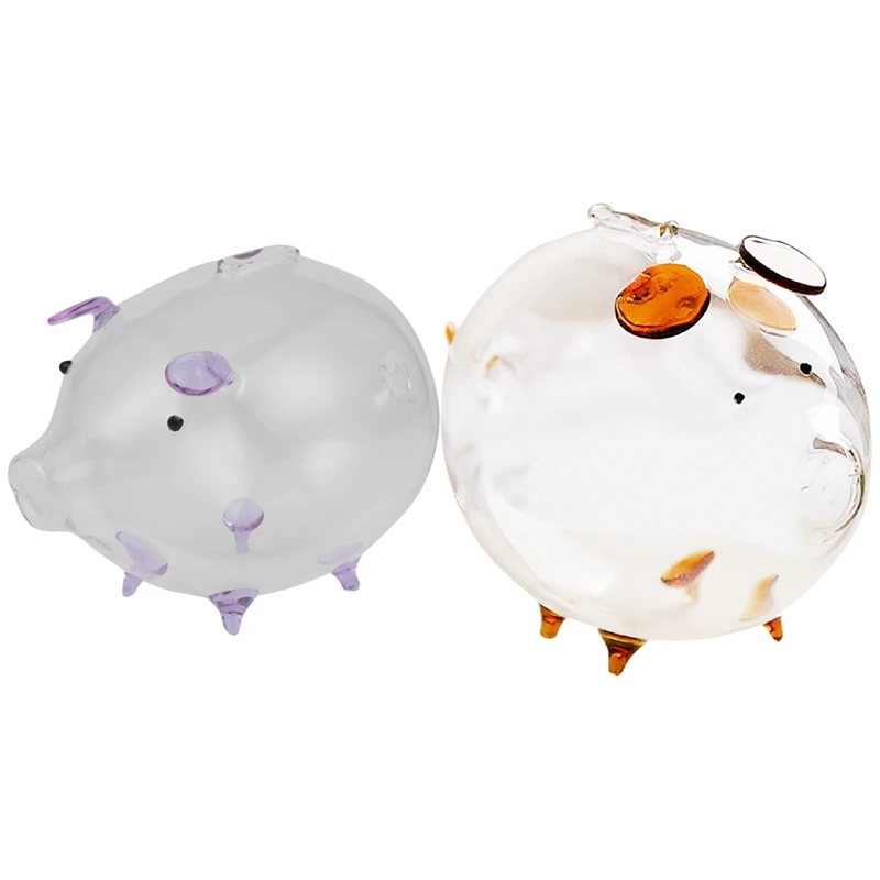 

2X Pig Piggy Bank Money Boxes Coin Saving Box Cute Transparent Glass Souvenir Birthday Gift Purple & Brown