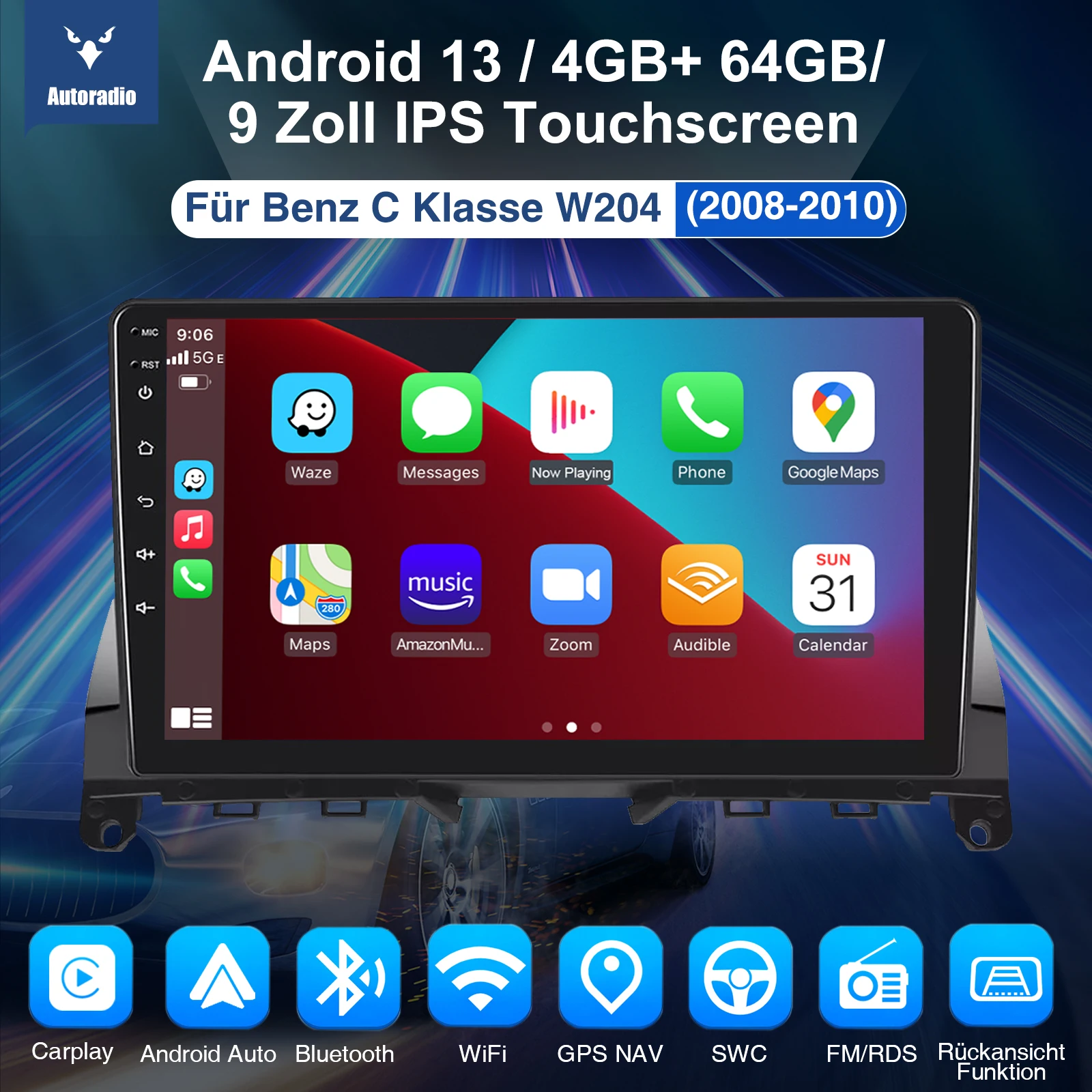 ESSGOO 2 DIN Kabelloses CarPlay 9" HD Touchscreen Autoradio für Mercedes Benz C-Klasse W204 2006-2011 GPS Navigation Android 13 64G Wifi FM BT Multimedia Video Player – Detail 8