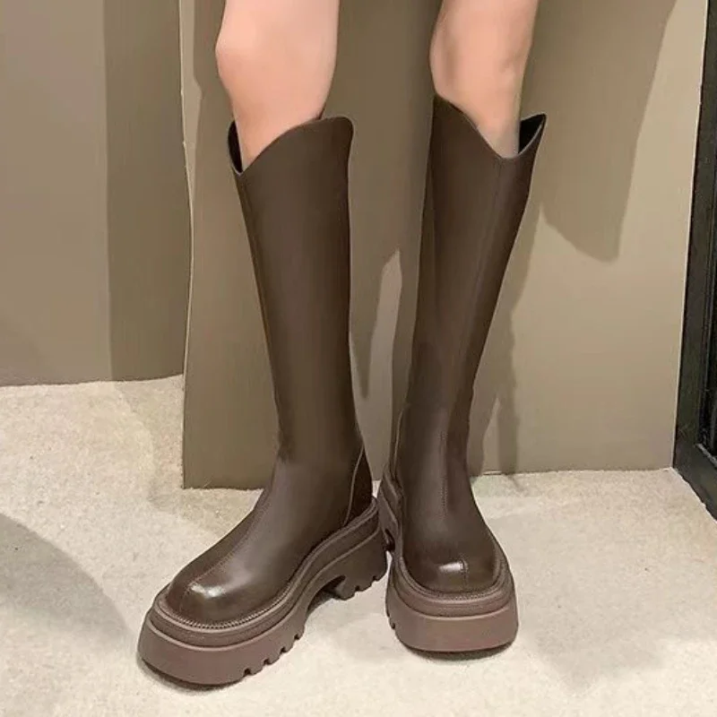 

Женские сапоги на молнии, однотонные водонепроницаемые сапоги до середины икры с круглым носком, на платформе и среднем каблуке, осень 2023