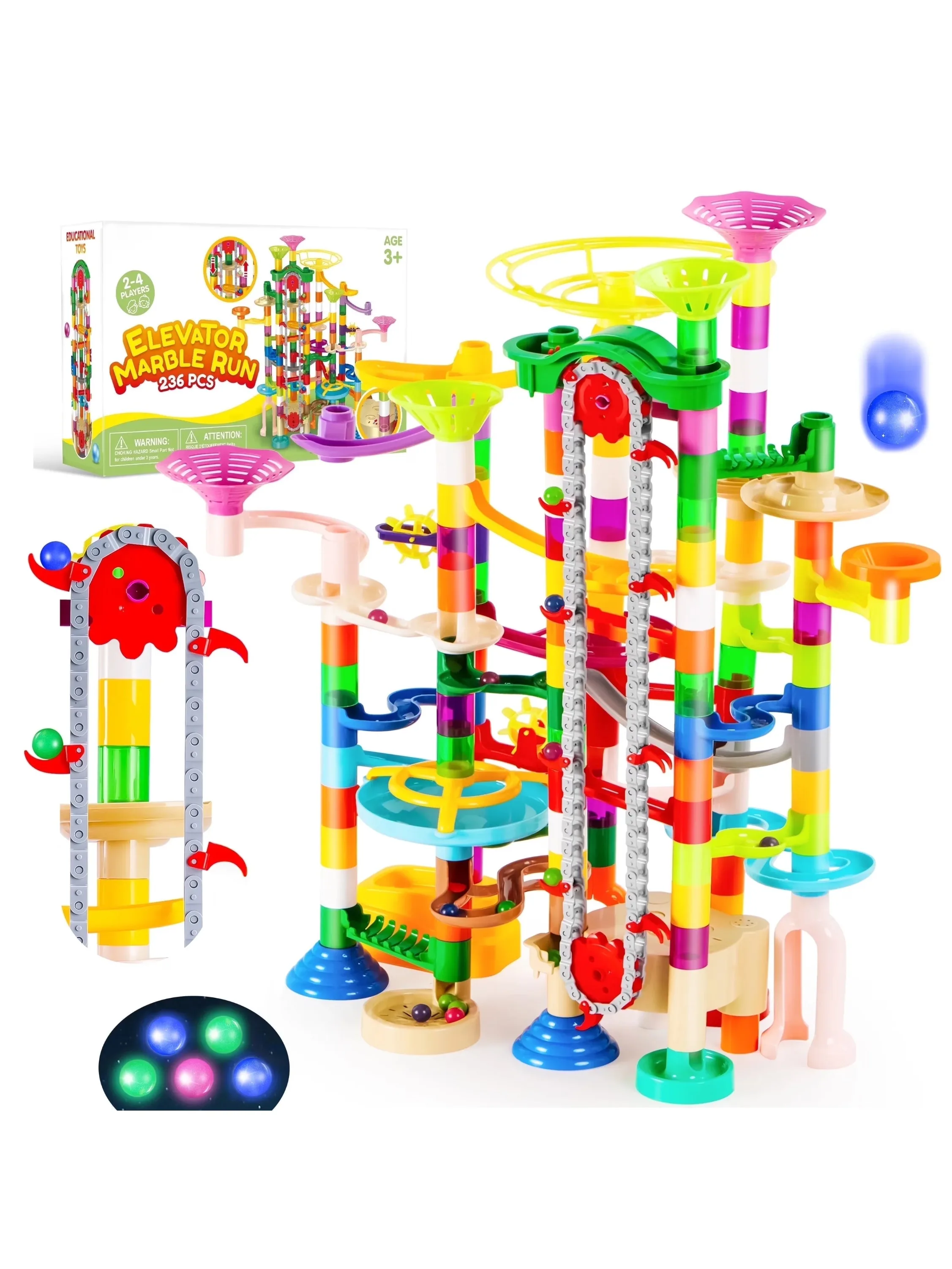 Joyfy 236 Pcs Glowing Marble Run with Motorized Elevator Construction Building Blocks STEM Educational Toys Set for Kid Ages 4-8
