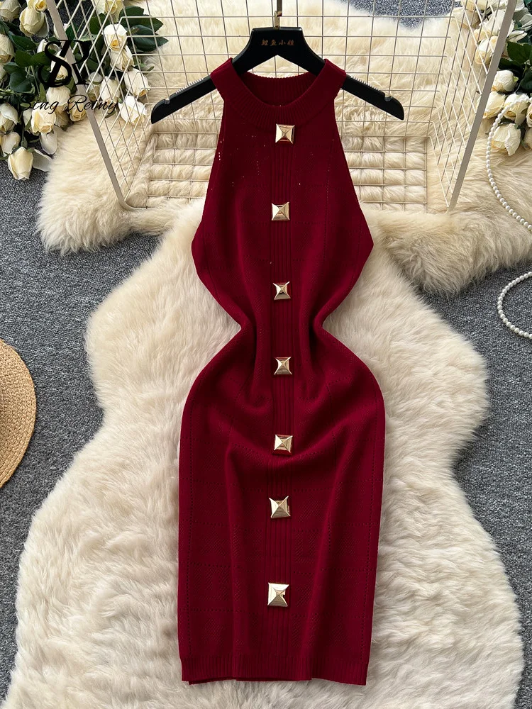 SINGREINY Sleeveless Workwear Knitting Dress Fashion Halter Metal Button Plaid Casual Classy Summer Bodycon Elastic Ladies Dress 1