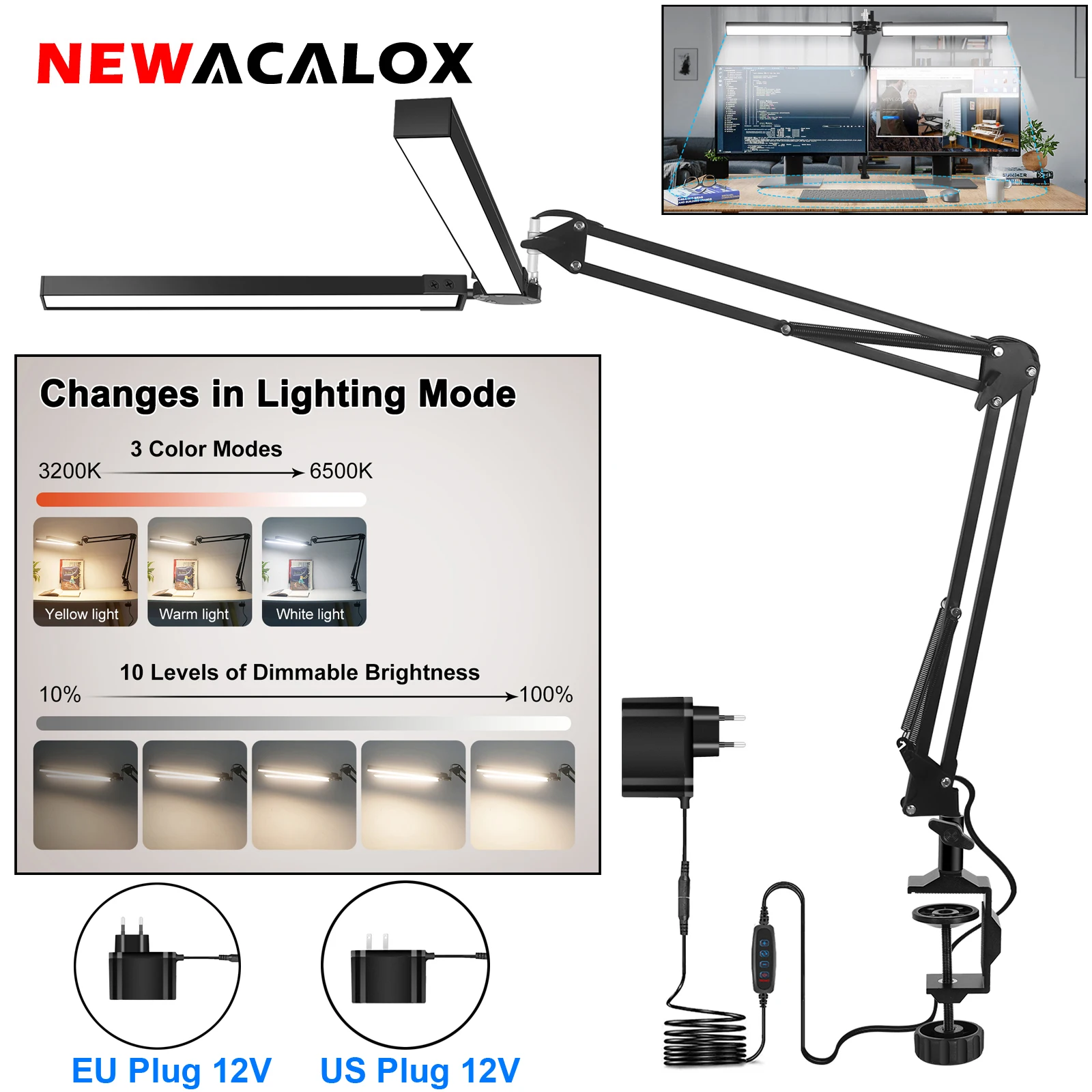 NEWACALOX EU/US 12V Double Head LED Table Lamp Computer Screen Light Folding Reading Lamp 24W Desk Light with Stepless Dimming