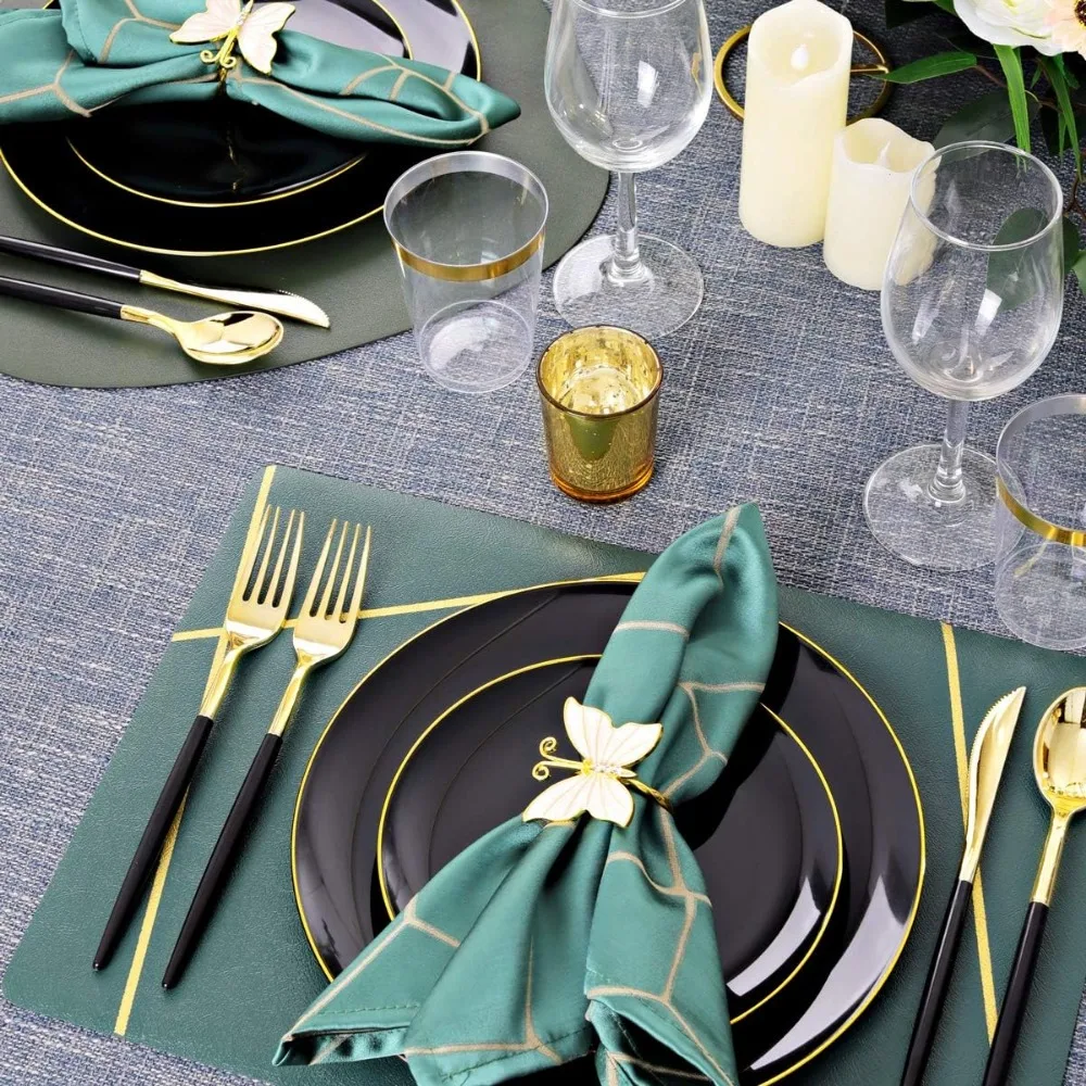 150pcs Black Plastic Plates, Black and Gold Plastic Plates,Gold Silverware,Black and Gold Dinnerware Set
