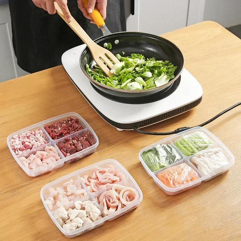 4 Grids Food Fruit Storage Box Compartment Refrigerator Freezer Organizers Sub-Packed Meat Clear Crisper Kitchen Food Container
