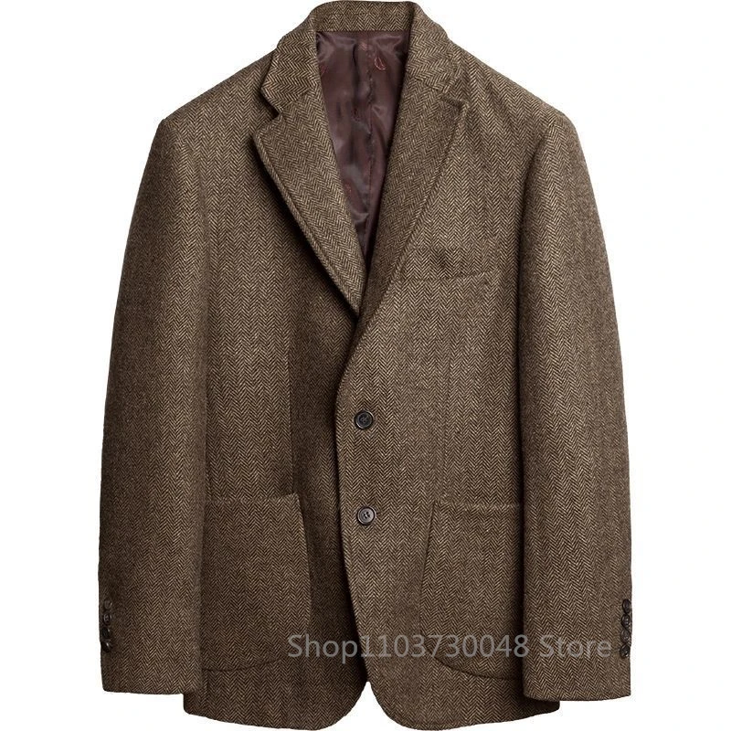 Gray Wool Tweed Winter Suit Blazer Single Breasted Suit Jacket Formal Fashion Notch Lapel Herringbone Coat for Wedding/Business 2