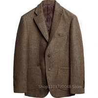 Gray Wool Tweed Winter Suit Blazer Single Breasted Suit Jacket Formal Fashion Notch Lapel Herringbone Coat for Wedding/Business 2