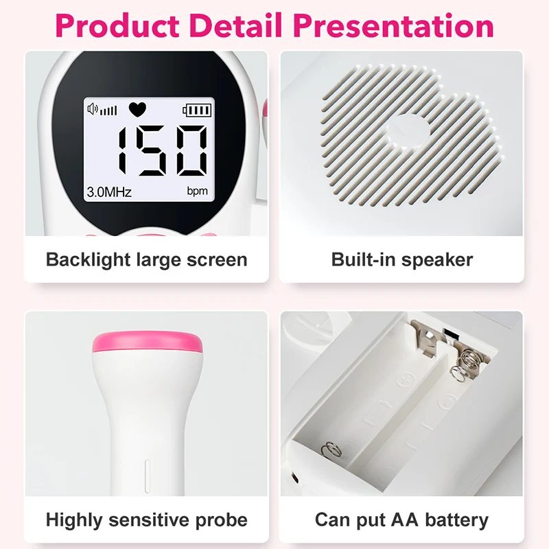 Domači Doppler monitor srčnega utripa ploda, detektor srčnega utripa za dojenčke in nosečnice, LCD osvetlitev ozadja, brez sevanja, stetoskop, merilnik pulza 3MHz_voghion.com