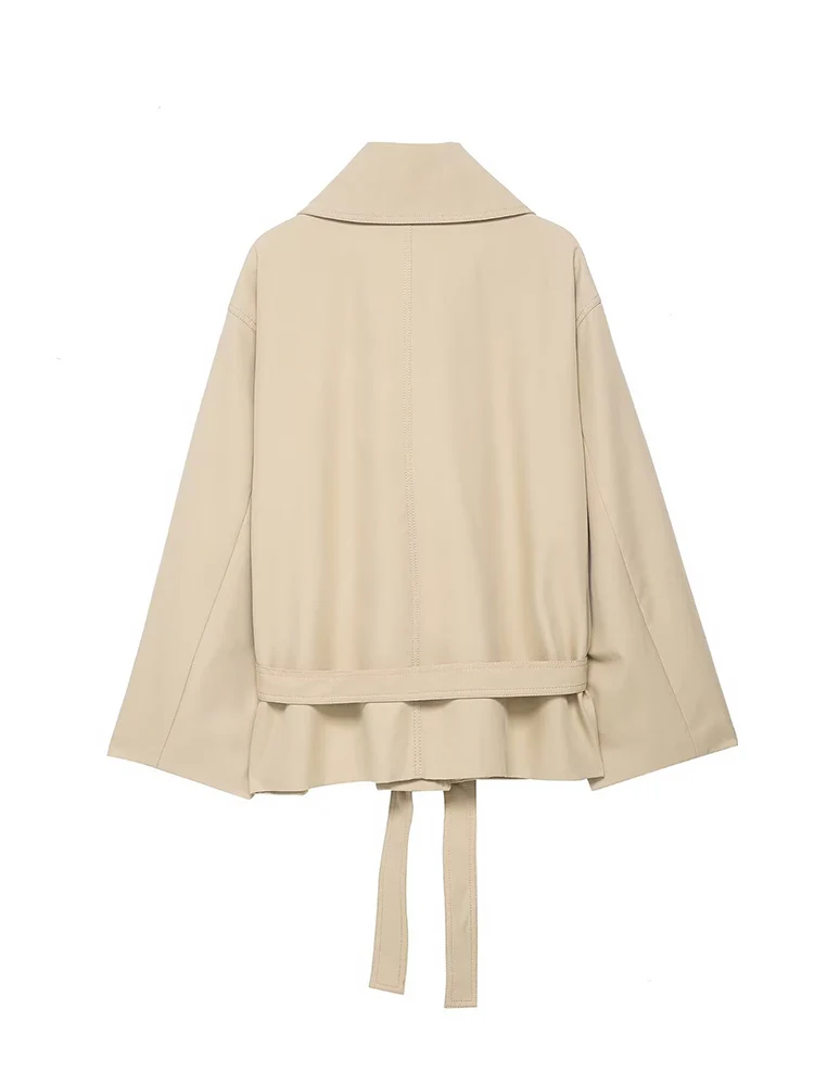 Women Lapel Belt Trench Coat Fashion Waist Cinching Long Sleeve Short Windbreaker Casual Autumn Lady Loose Commuter Outwear