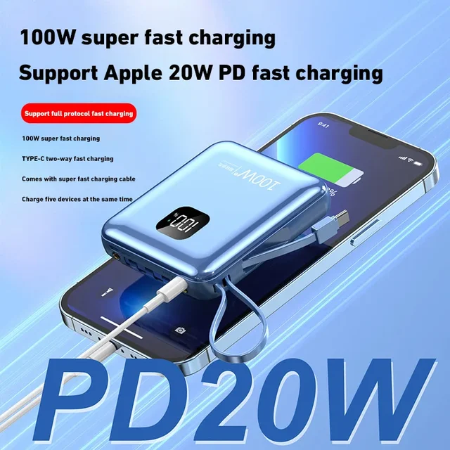 Mini Power Bank avec affichage numérique à 4 fils intégré, 100W, évolution ultra rapide, chargeur de batterie, adapté pour iPhone, Samsung 2