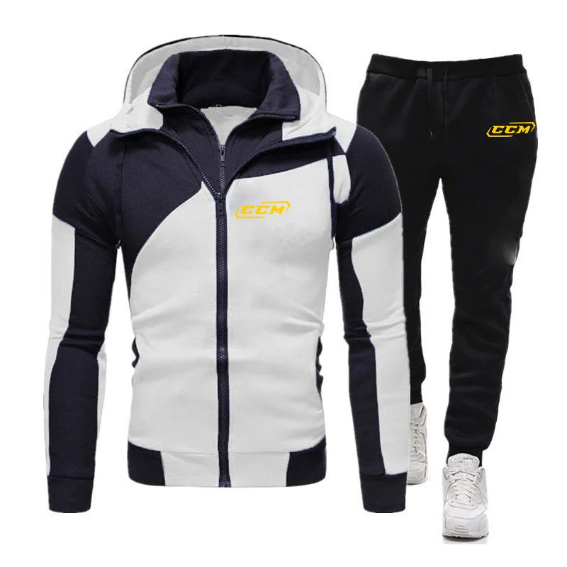 CCM 2023 Spring and Autumn Men's New Diagonal Zip Hoodie Tracksuit Hooded Sweatshirt+Pants Pullover Sportswear Suits