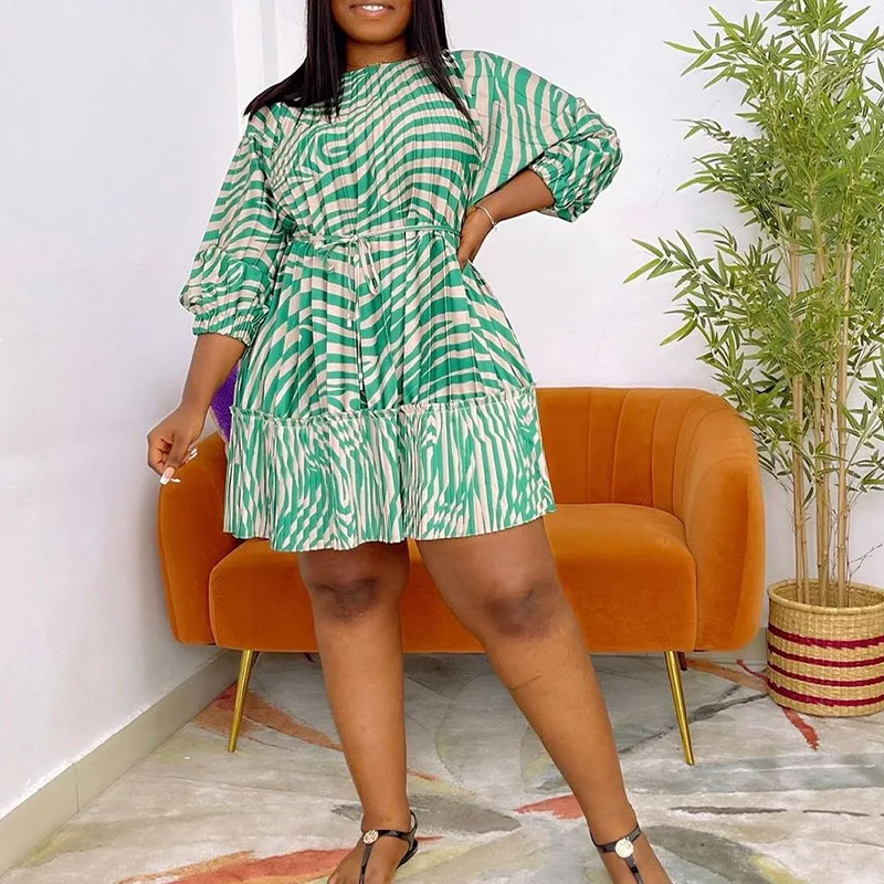 Plus Size Mini Dress Women Print Pleated Long Sleeve Elegant Party Dress 2023 Spring Casual Robe Female Designer Fashion Outfit