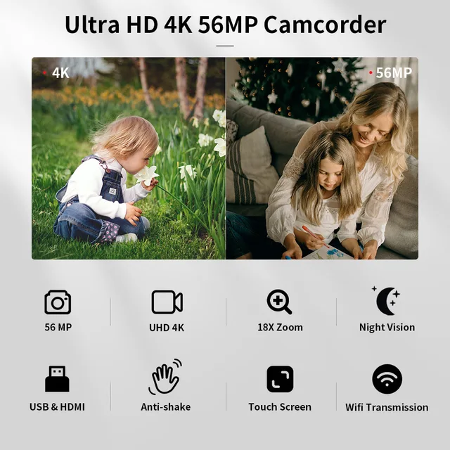 4K HD Digital Video Camera 56MP Camcorder with 18X Zoom, 3.0" Touch Screen, WiFi, Microphone & Fill Light | Vlogging & YouTube Live 2