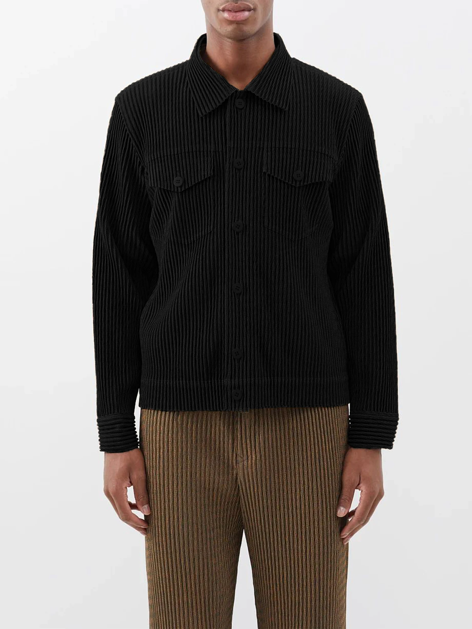 Miyake Pleated Men Button-down Jacket Cargo Pocket Single Breasted Male Coat 4